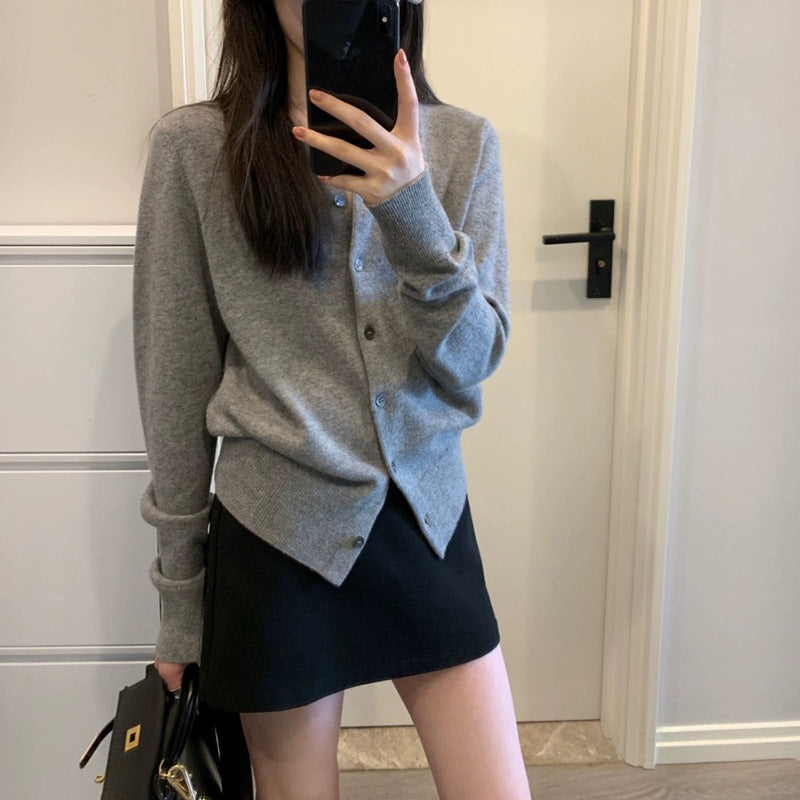 Grey Cardigan Wool Crewneck Single-breasted Knitted Cardigan