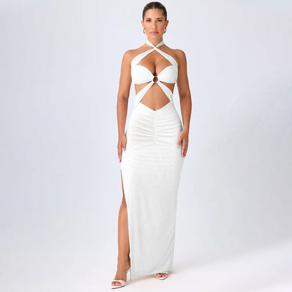 Cross-Shoulder Long Dress Sexy Backless Hollow Out Pleated Bodycon Skirt European And American Style Summer Dress For Women