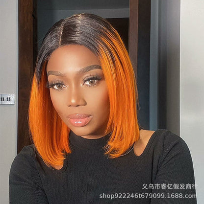 New Hot Style European And American Wigs In The Middle Orange Head Dyed Black Short Straight Hair
