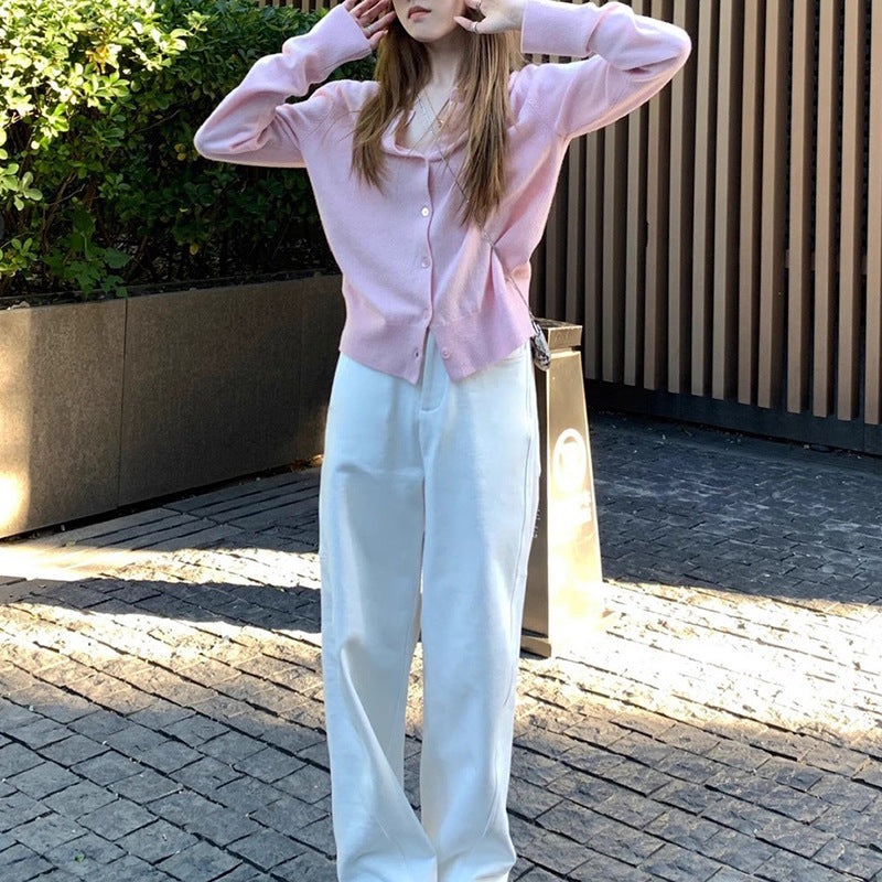 Grey Cardigan Wool Crewneck Single-breasted Knitted Cardigan