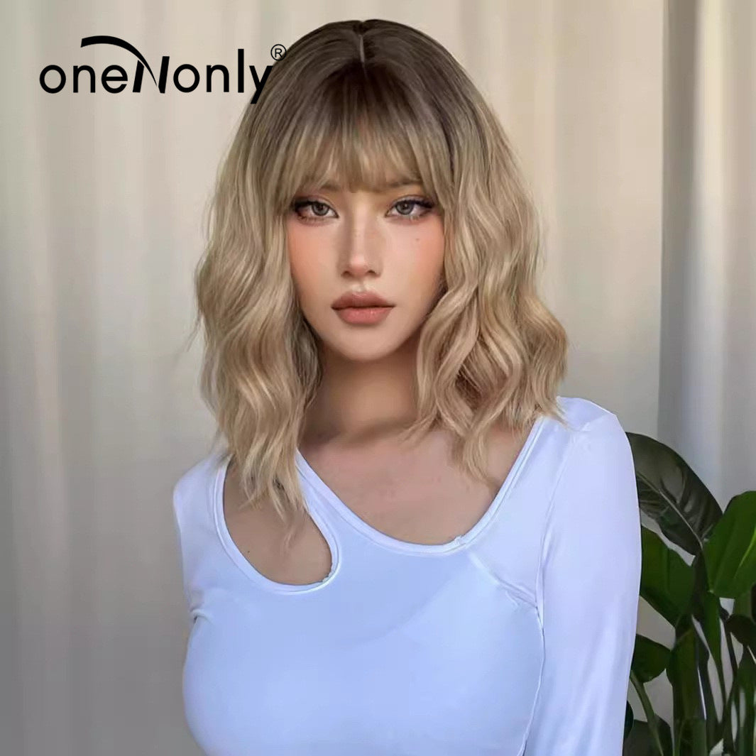 Wig Women&#039;s Short Curly Hair Clavicle Method Japanese And Korean Style Gradient Blonde Headgear Full Headgear Summer Breathable Natural