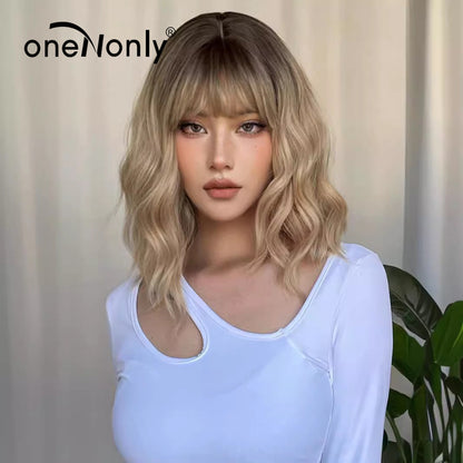 Wig Women&#039;s Short Curly Hair Clavicle Method Japanese And Korean Style Gradient Blonde Headgear Full Headgear Summer Breathable Natural
