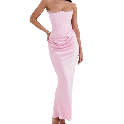 2025 Europe And The United States Cross-border Spring And Summer New Waist Hip Dress Satin Tube Pleated Stitching Dress Women&#039;s Clothing